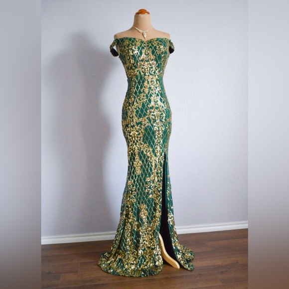 Prom 2025 Holiday Green Gold Long Formal Pageant Sequin Evening Gown Dress S 4/6 - Picture 10 of 10